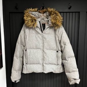 GAP Heather Gray Puffer Jacket with Faux Fur Hood XL